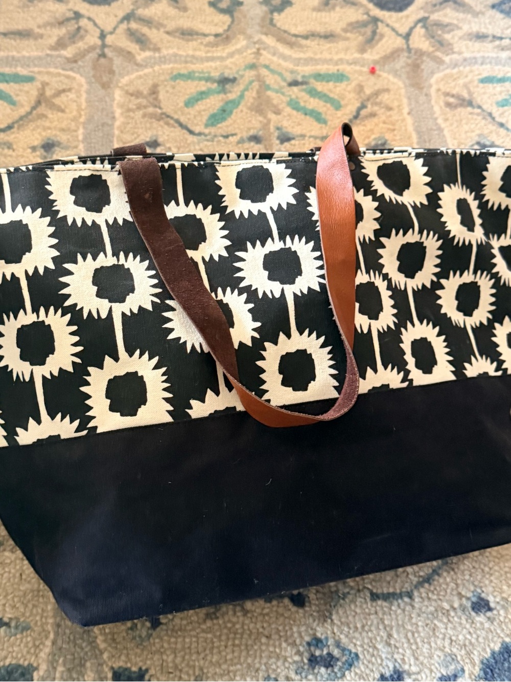 Black & White Floral Canvas Tote with Brown Shoulder Straps